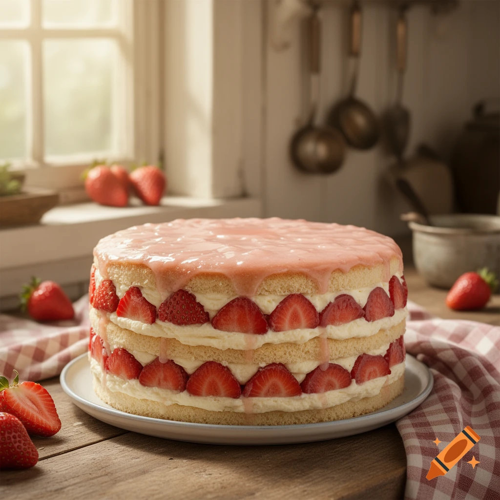 A photorealistic layered strawberry cake with pink glaze and fresh strawberries on a wooden table near a window.