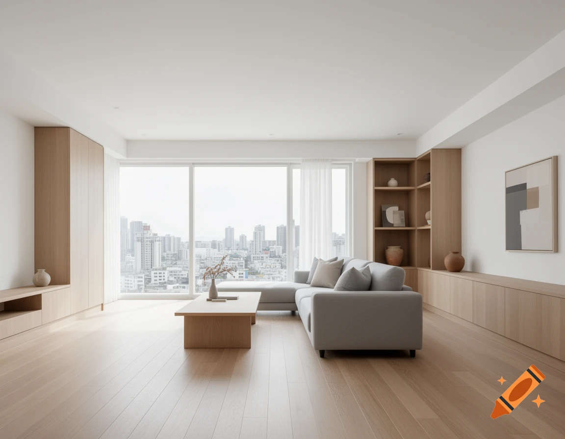 A modern, minimalist apartment living room with a gray sectional sofa, light wood floors, and large windows overlooking a city skyline.