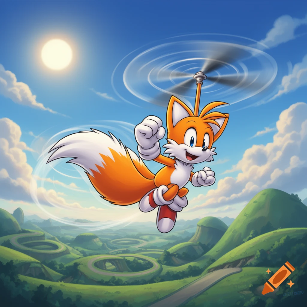 Cartoon illustration of Tails the fox flying with a propeller hat over a vibrant green landscape with winding paths under a bright sun.