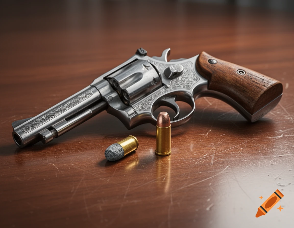A detailed, engraved revolver and two bullets, one a slug, rest on a wooden table.