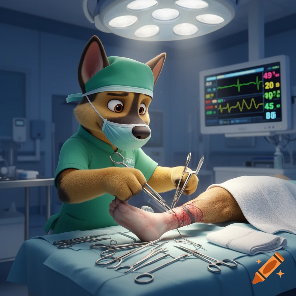 Cartoon Paw Patrol dog Chase, dressed as a surgeon, operates on an injured leg in a brightly lit operating room.