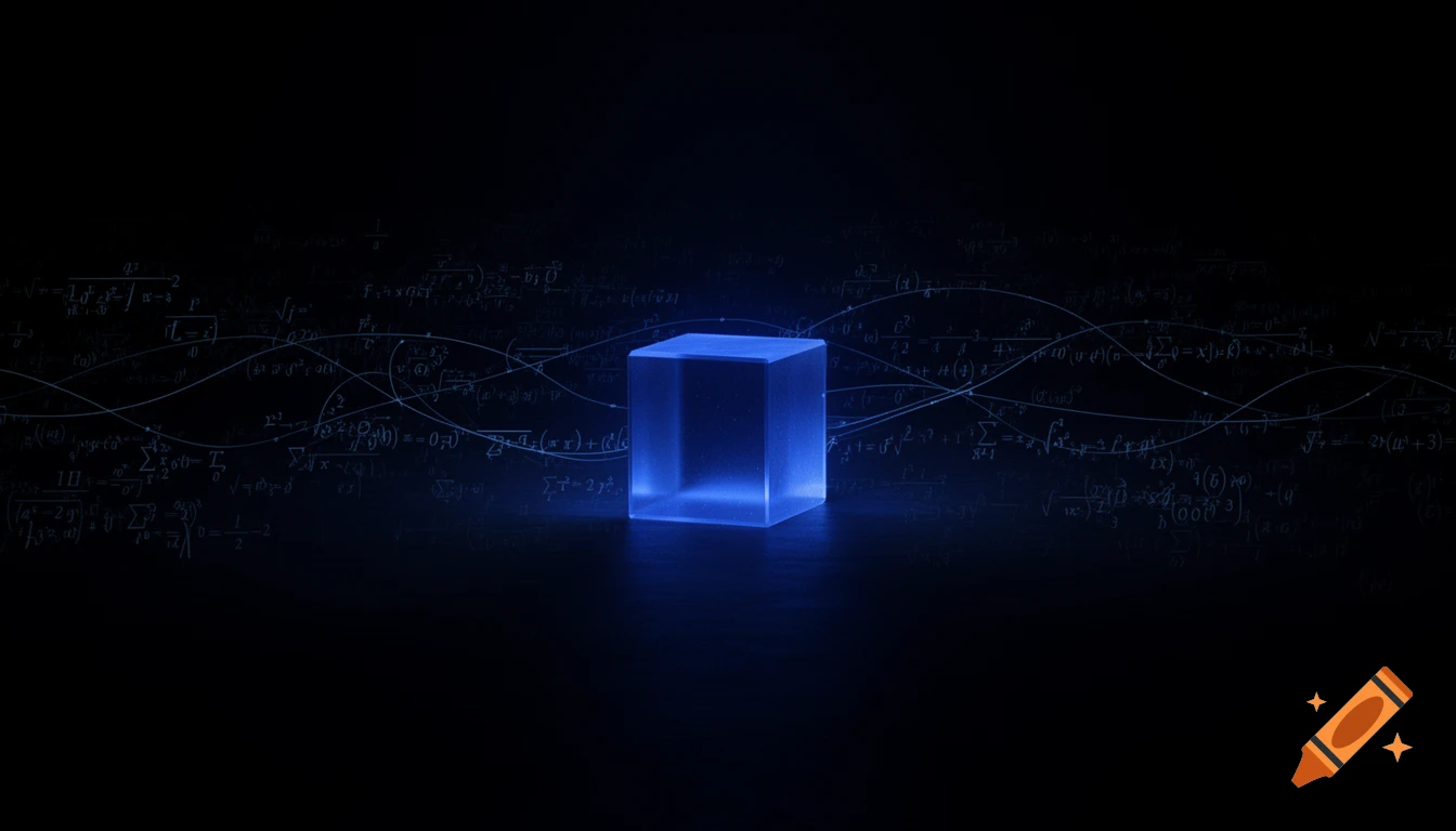 A glowing blue translucent cube in a dark space, surrounded by faint mathematical equations and glowing lines.