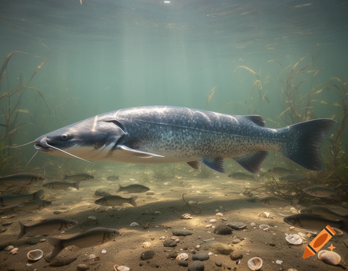 A large catfish swims underwater, with smaller fish, aquatic plants, and sunlight filtering through the water onto a sandy bottom.