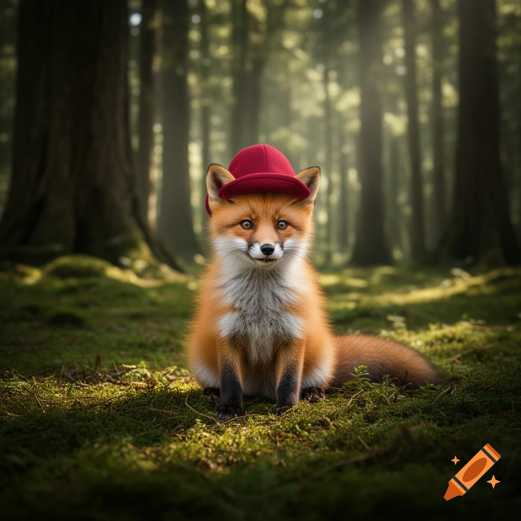 A cute photorealistic fox wearing a red hat sits in a mossy forest, illuminated by soft light.