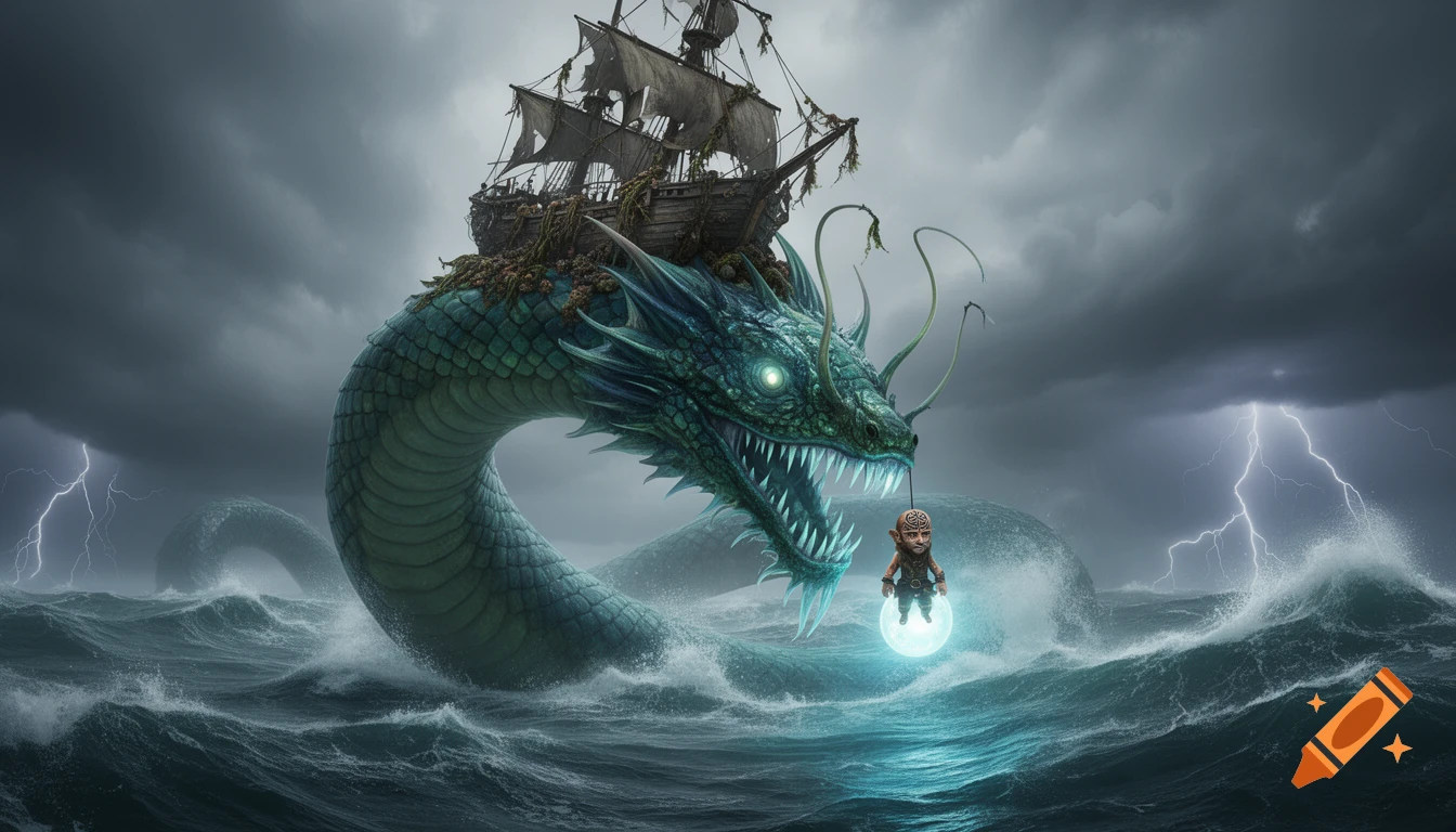 A massive green sea serpent with a decrepit pirate ship on its back rises from a stormy ocean with lightning, holding a small tattooed halfling with a glowing lure.
