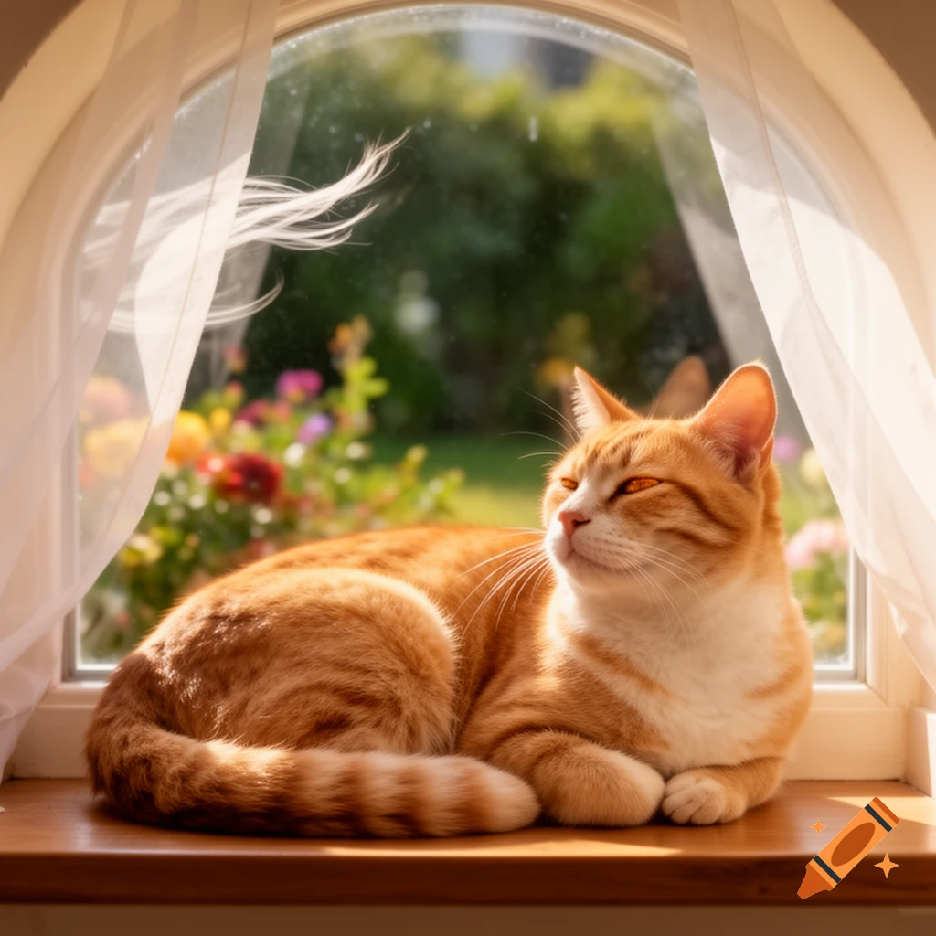 An orange tabby cat rests in sunlight on a wooden windowsill, looking out an arched window at a vibrant green garden.