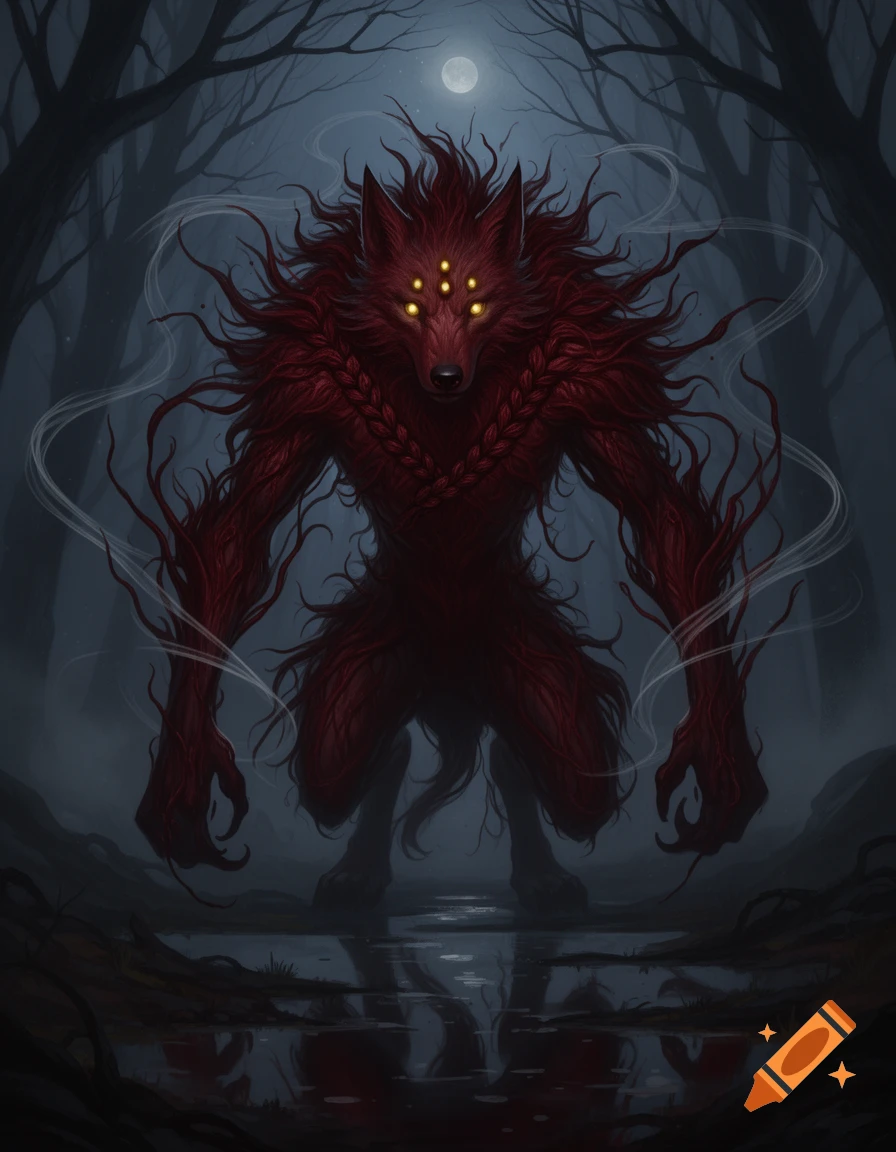 A dark, blood-red lycan with six glowing eyes and braided fur stands in a misty forest with reflections. Dark fantasy art.