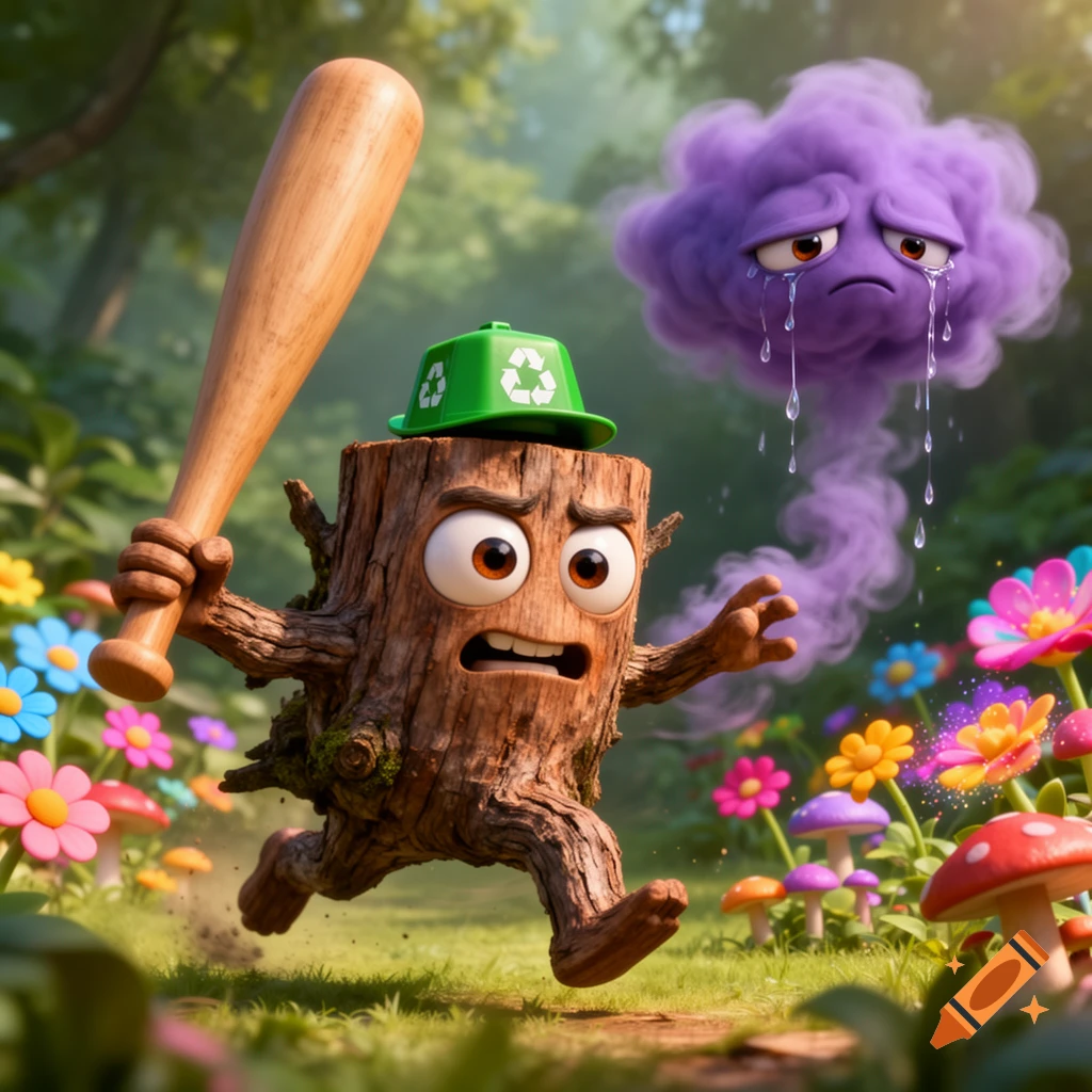 Crying Tree Stump A cartoon tree stump with googly eyes and a green recycling hat chases ...