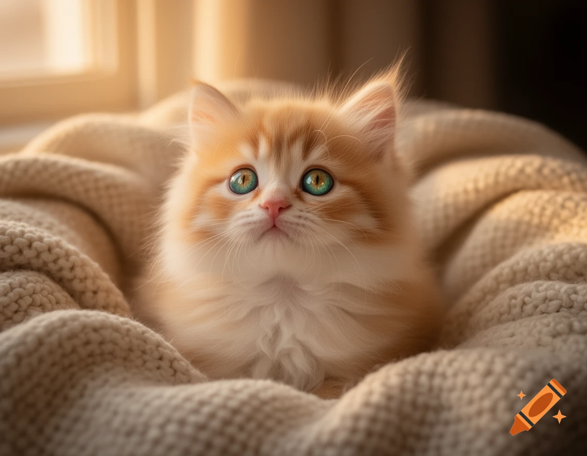 A fluffy ginger and white kitten with bright green eyes sits on a soft beige knitted blanket in warm lighting.