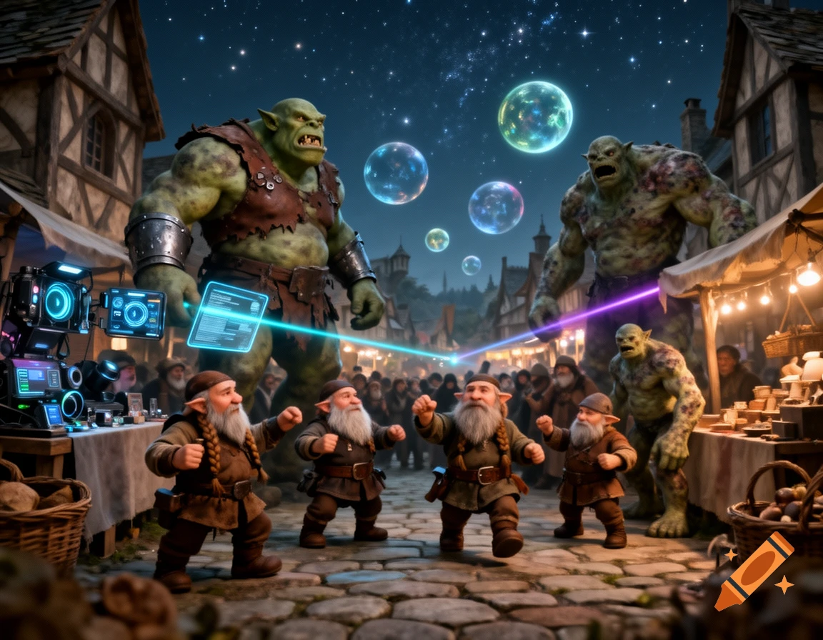 Muscular green orcs and dwarves in a medieval marketplace at night, with glowing sci-fi screens, laser beams, and colorful floating bubbles.