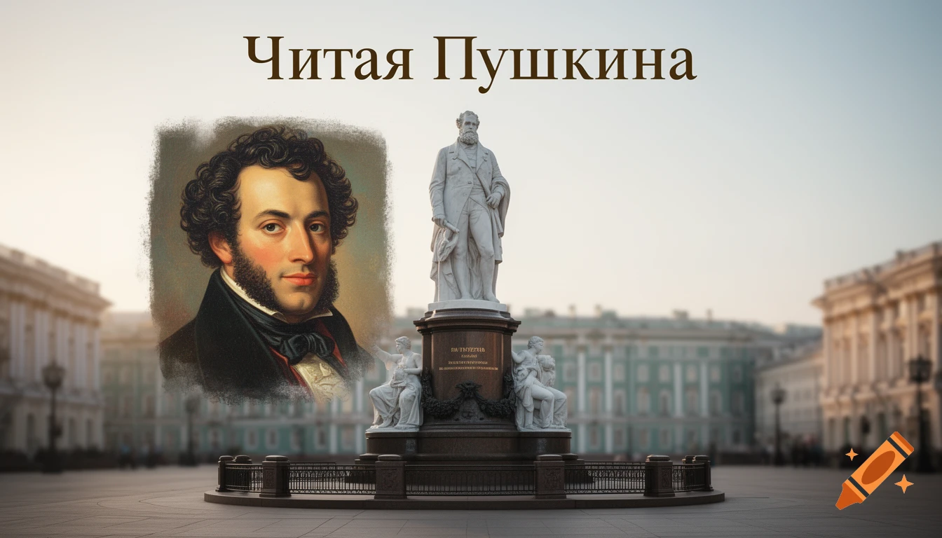 A painting of Alexander Pushkin next to a white marble statue of him in a city square, with Russian text at the top.