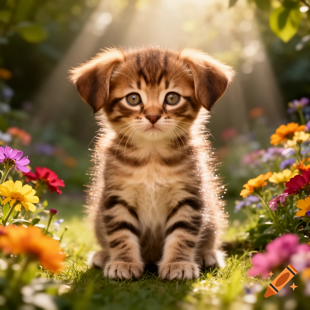 A photorealistic puppy-kitten hybrid sits in a sunny garden surrounded by colorful flowers.