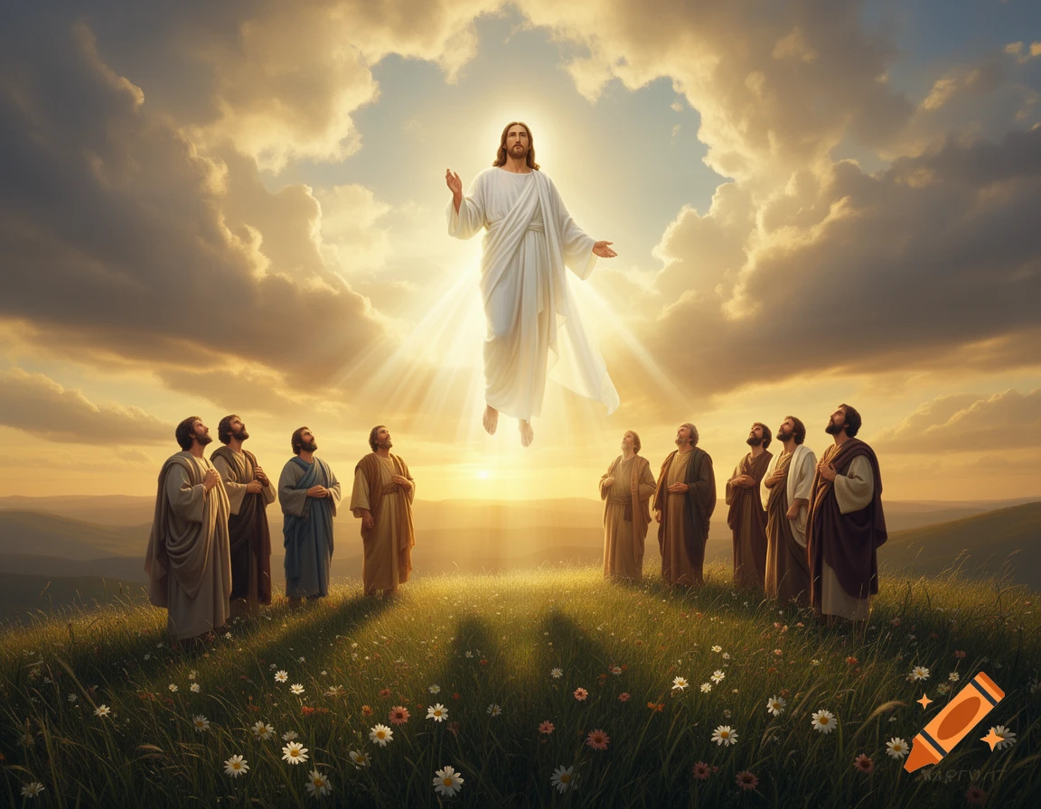 Jesus ascends to heaven in a bright light above a grassy hill, watched by apostles with a sunset sky in the background.