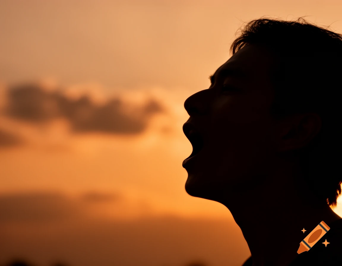 Photorealistic silhouette of a person's head with mouth open, looking up against an orange sunset sky with clouds.