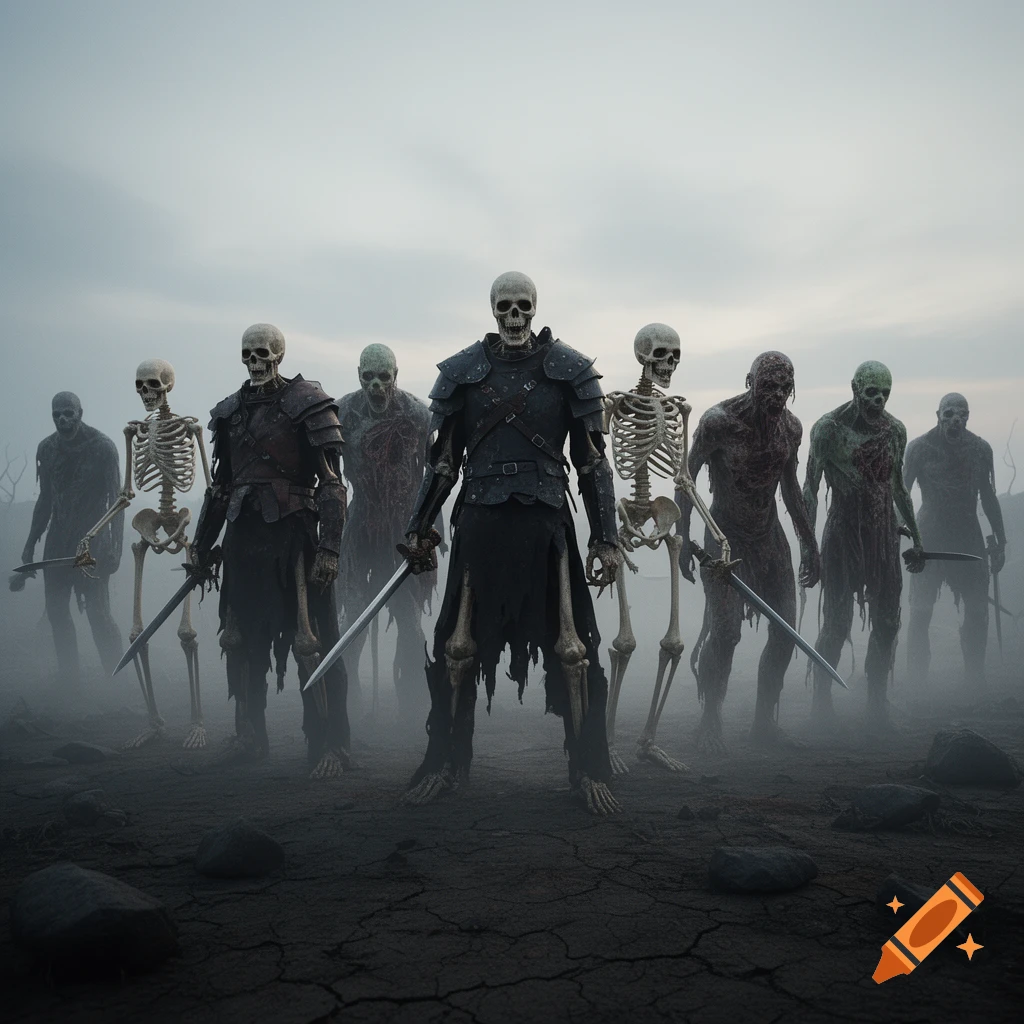 A group of armored skeletons and zombies with swords stand in a foggy, barren landscape.