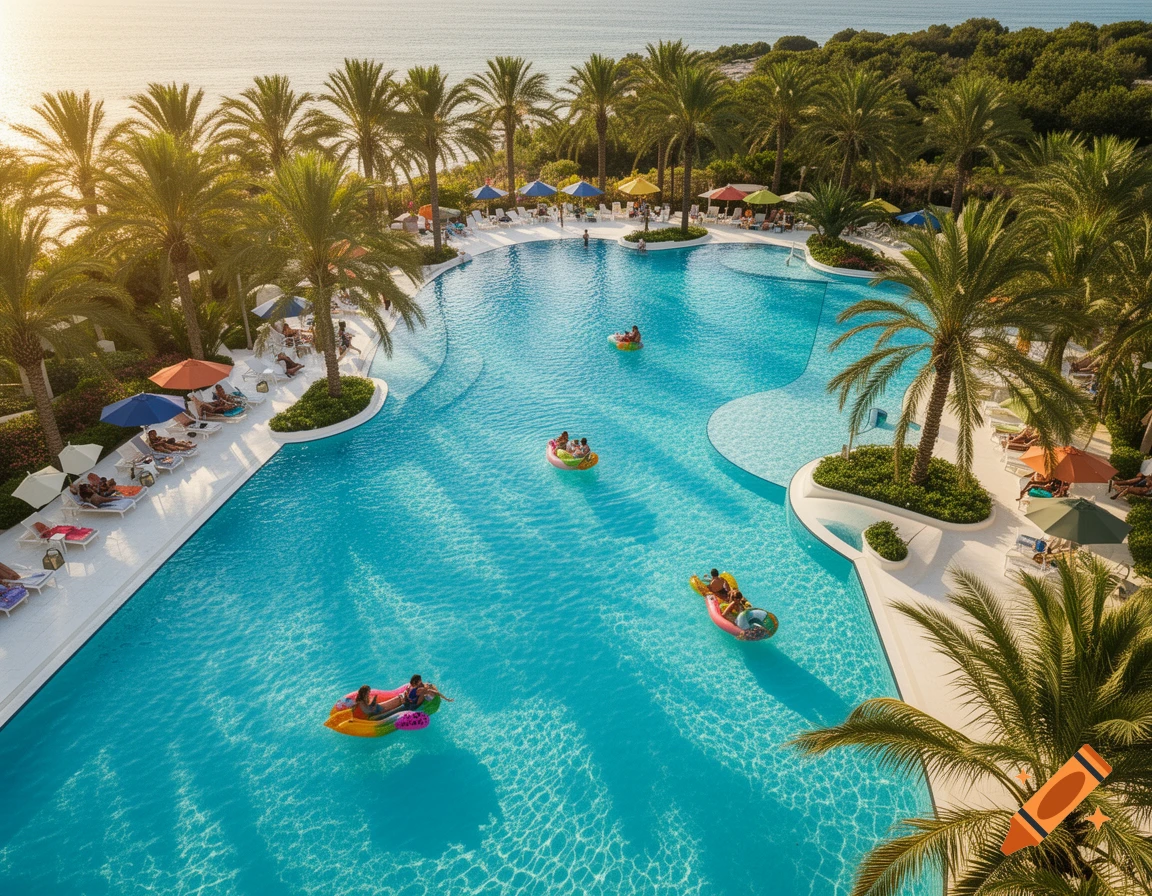 Aerial view of a large resort swimming pool with people swimming and relaxing on loungers under palm trees, overlooking the ocean at sunset.