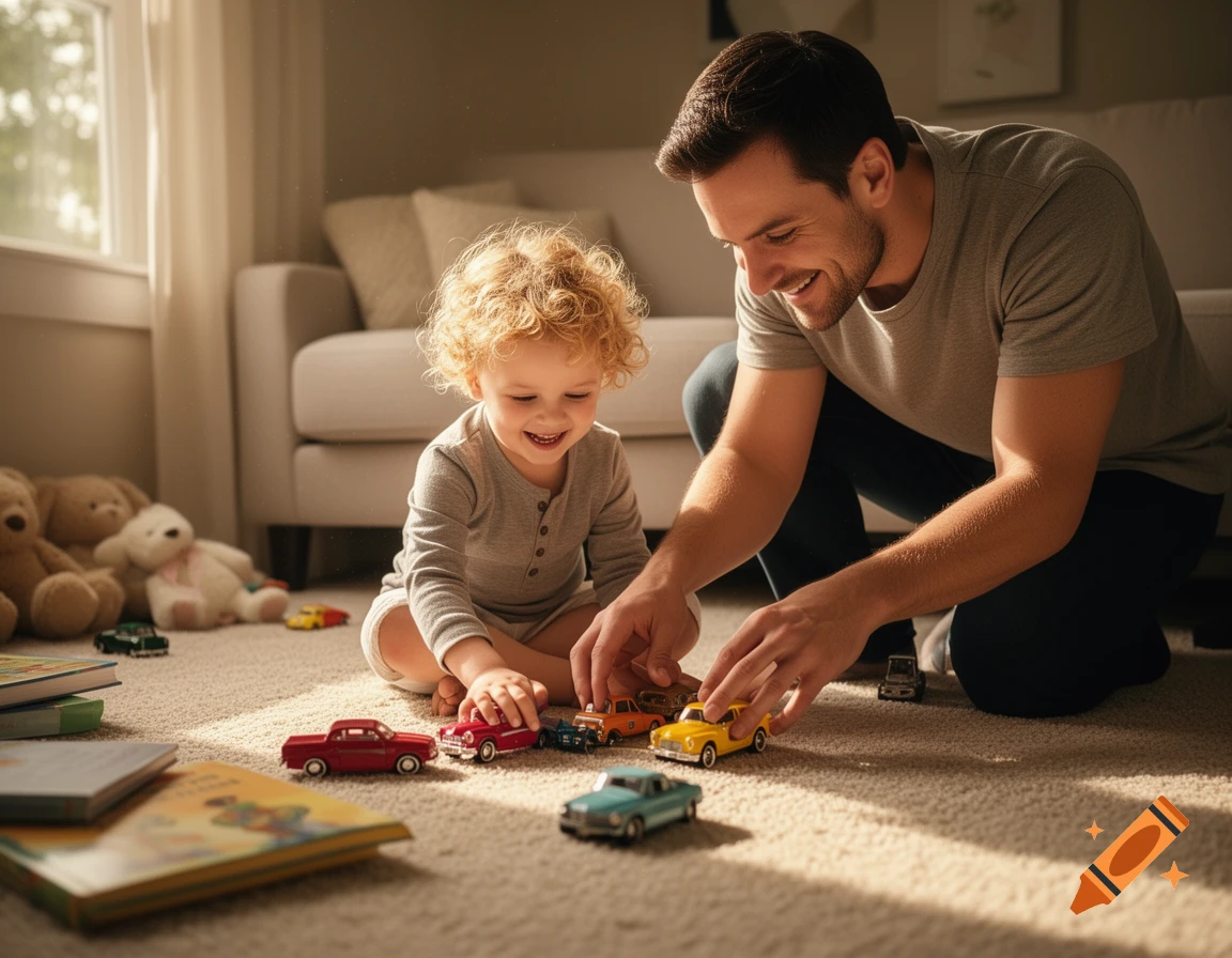 A father and his young child with curly hair sit on a carpet, smiling and playing with colorful toy cars in a sunlit room.