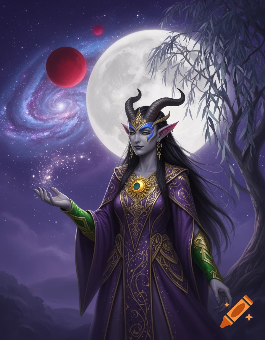 A majestic Tiefling sorceress with pale skin, horns, and elaborate purple and gold robes stands under a large moon and starry cosmic sky, holding a hand forward to emit magical glowing particles. Fantasy illustration.