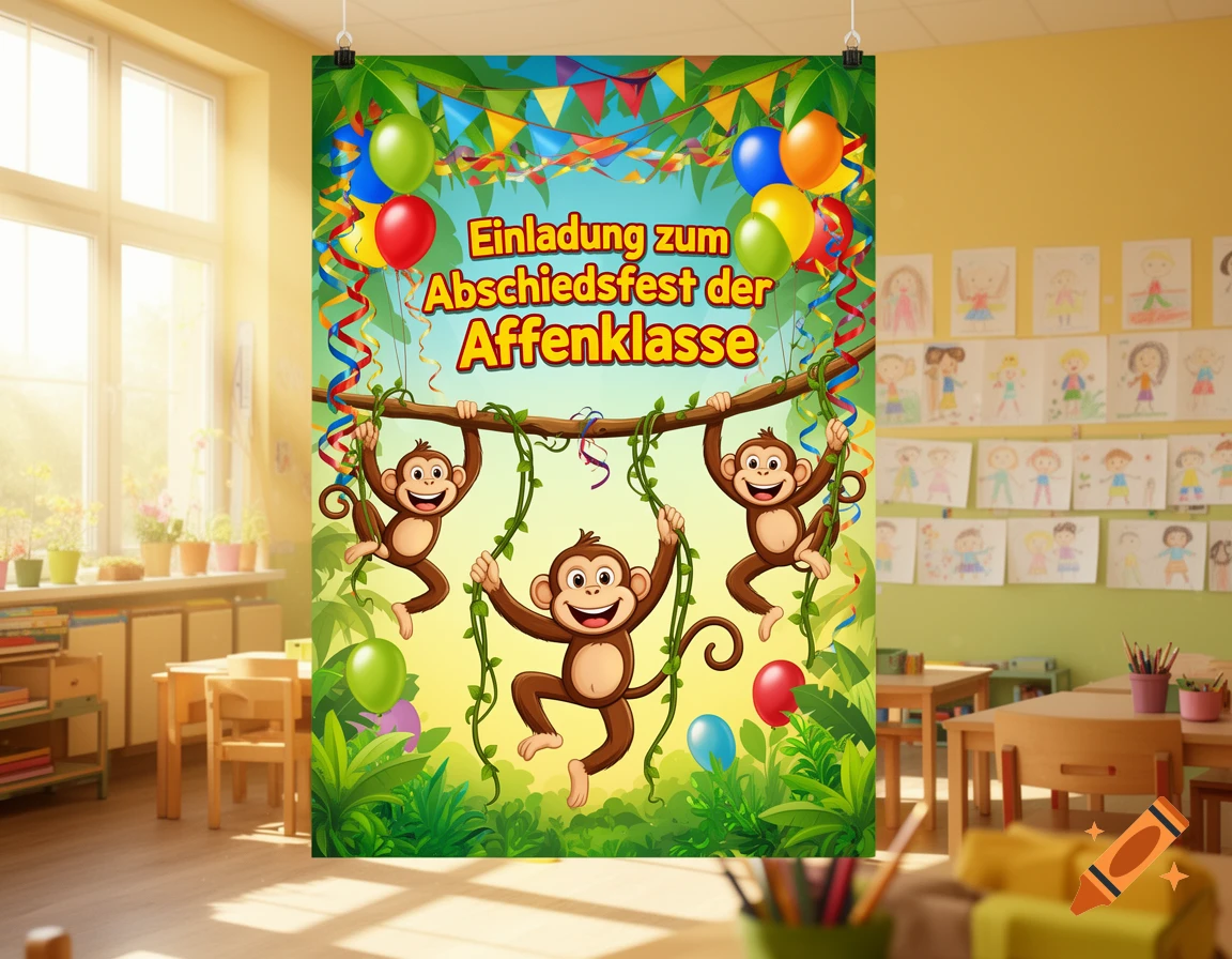 Colorful cartoon poster for a 'monkey class' farewell party with three swinging monkeys, balloons, and streamers, hanging in a bright classroom.
