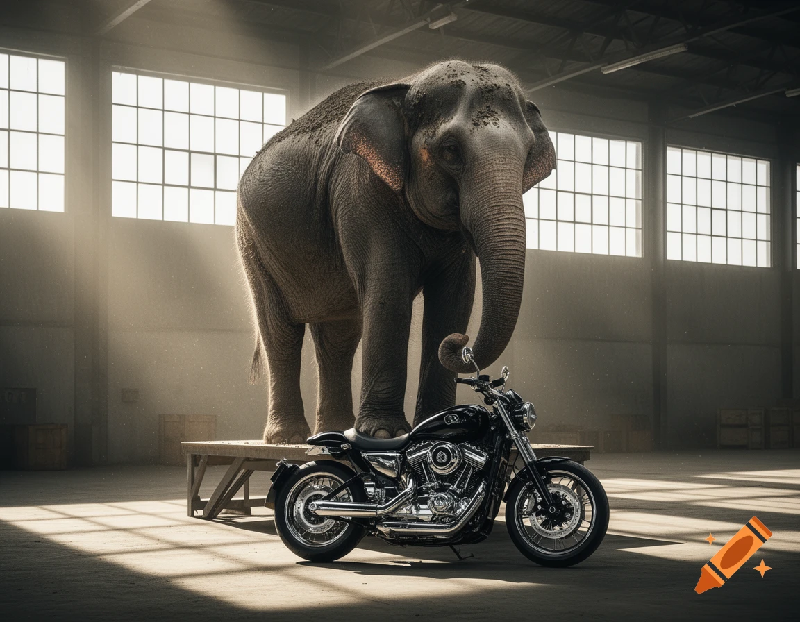 A large elephant stands on a wooden platform above a black motorcycle in a dusty warehouse with bright windows.