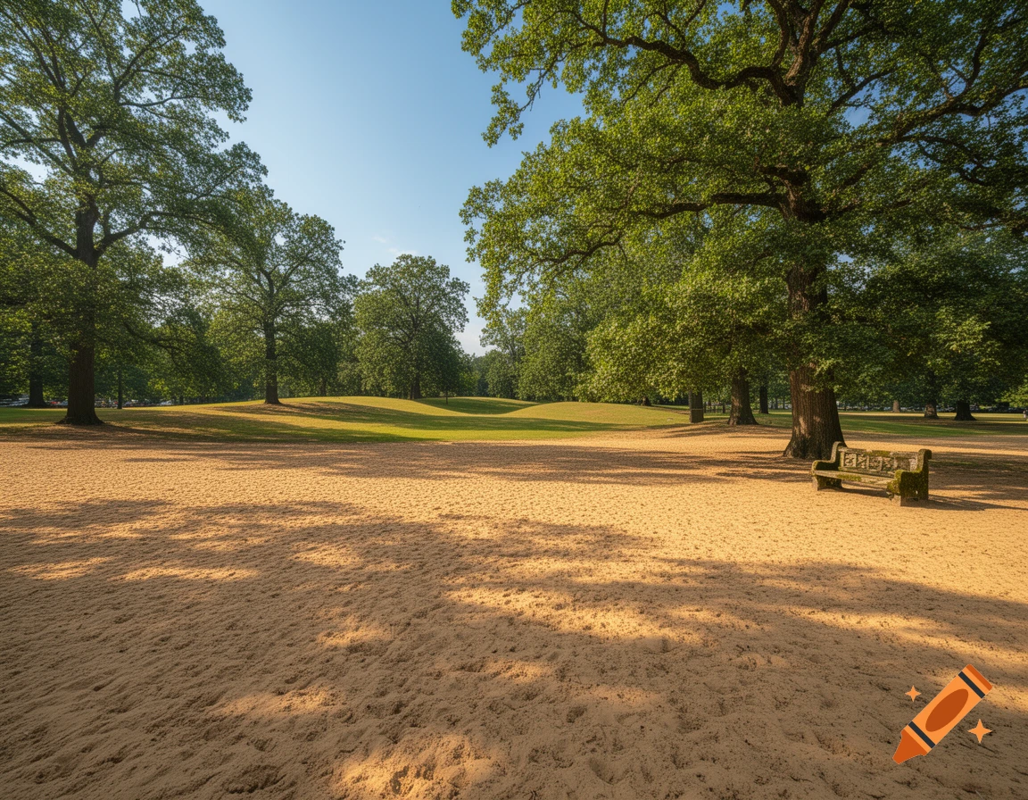 A sunny park with a large sandy foreground, green grass, and many tall trees under a clear blue sky. A wooden bench sits on the right.