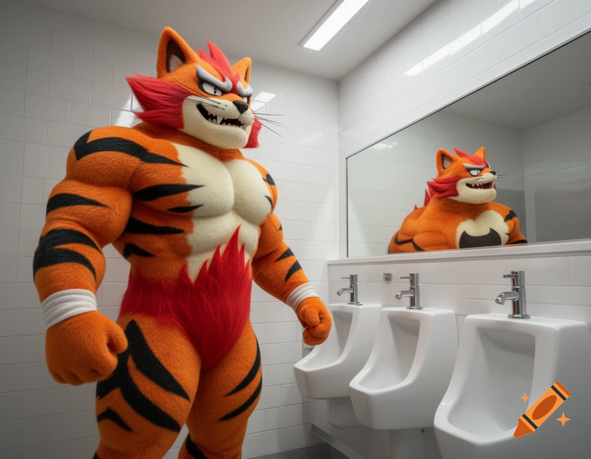 A muscular Incineroar, an orange and black striped tiger-like character, stands in a clean white public restroom with urinals.