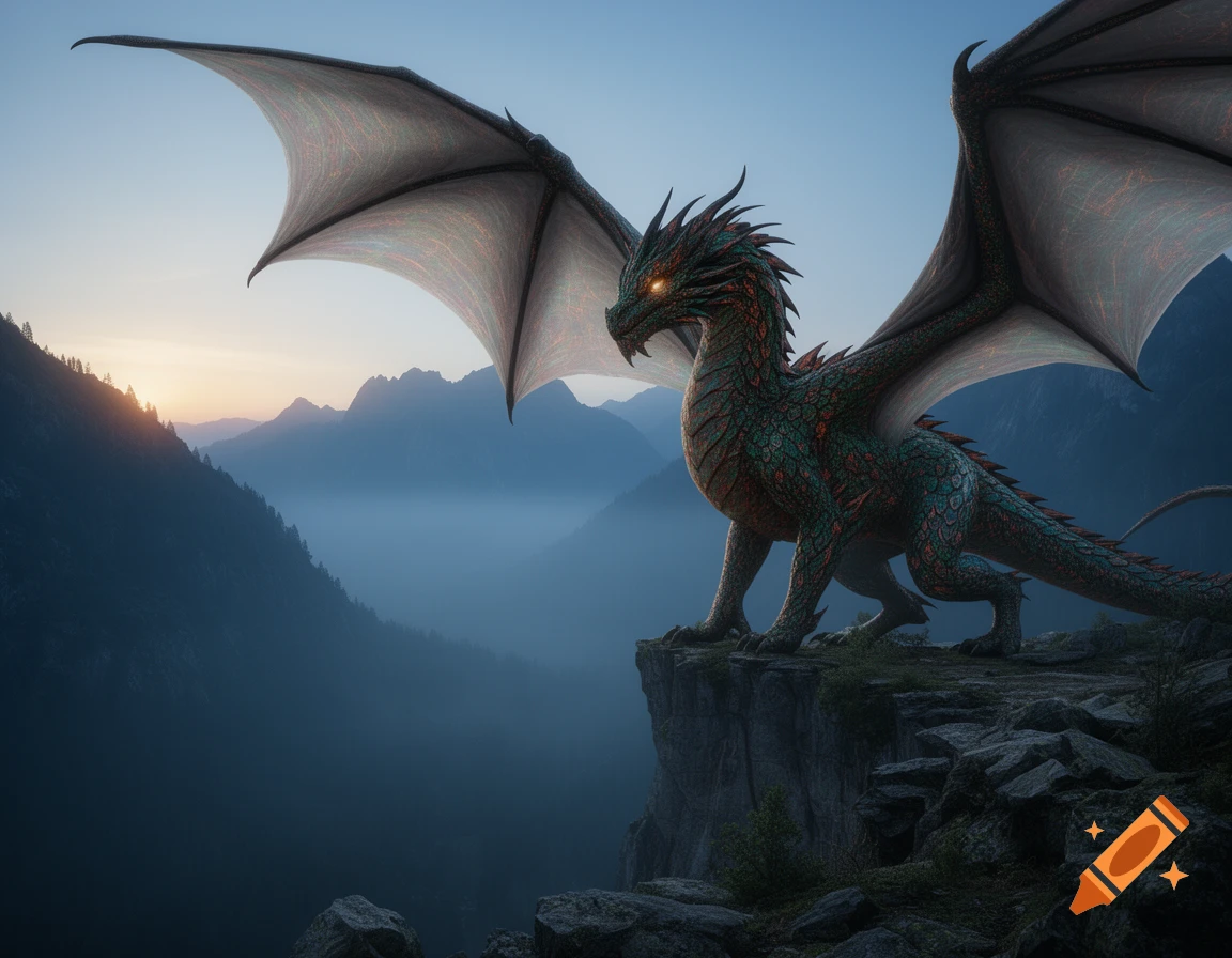 A majestic green and red dragon with glowing eyes stands on a rocky mountain cliff overlooking a misty valley at sunset.