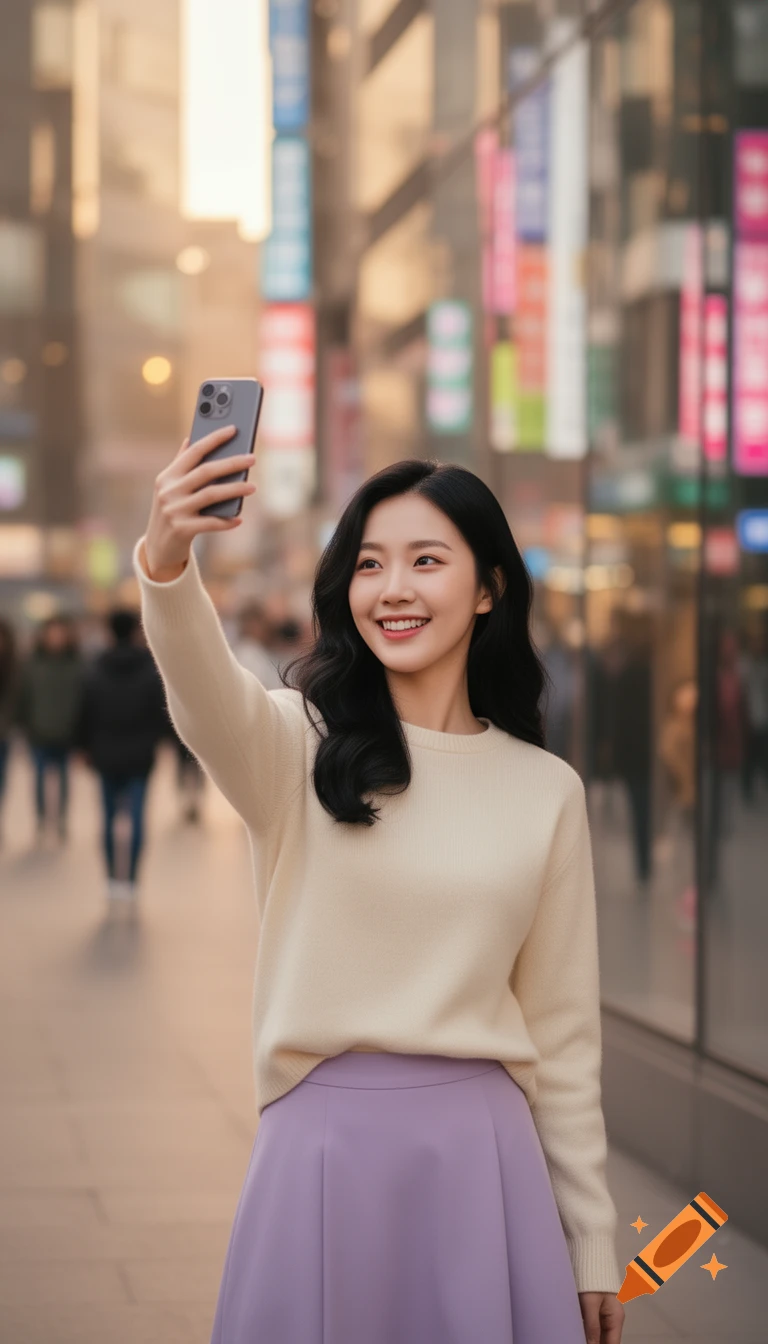 A smiling Korean woman in a cream sweater and lavender skirt takes a selfie on a bustling city street.