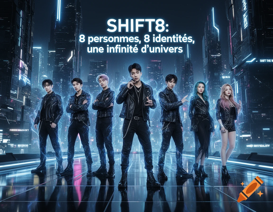 Seven young adults in black futuristic outfits pose in a neon-lit cyberpunk city, with the text 'SHIFT8: 8 personnes, 8 identités, une infinité d'univers' above them.