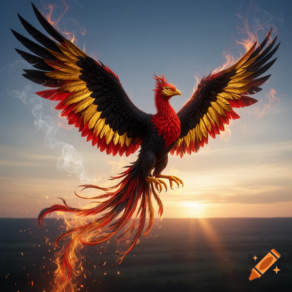 A majestic phoenix with black, red, and gold feathers soars through a sunset sky, leaving a fiery trail.