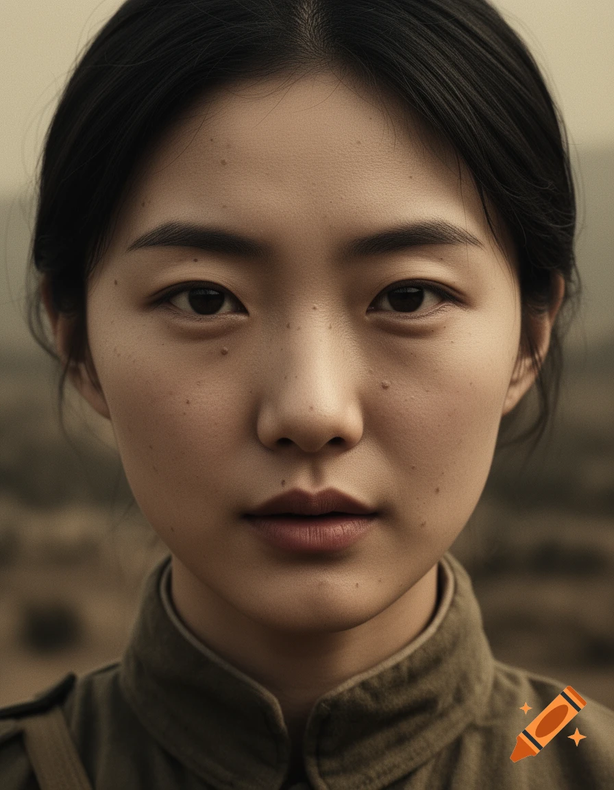 Hyper-realistic cinematic close-up portrait of a young East Asian woman in a historical military-style uniform, with a serious expression.