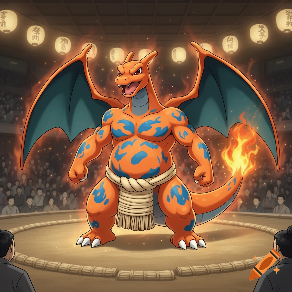 An illustration of a muscular Charizard in a sumo mawashi, standing in a sumo ring before an audience and lanterns.
