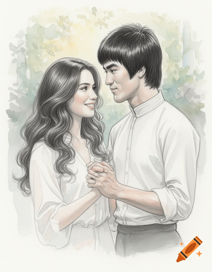 Pencil sketch aquarelle of a young couple, a brunette woman and a man with a Bruce Lee haircut, facing each other, holding hands and smiling.