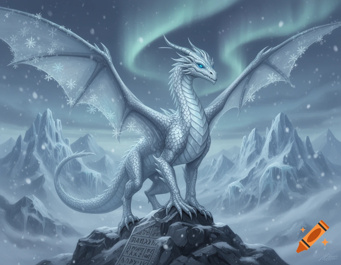 A white dragon with blue eyes and snowflake wings stands on a snowy rock in icy mountains under a green aurora.