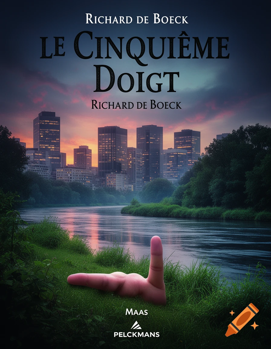 A book cover features a giant pink finger lying in green grass beside a river, with a city skyline at sunset in the background. Text includes "LE CINQUIÈME DOIGT" and "RICHARD DE BOECK".
