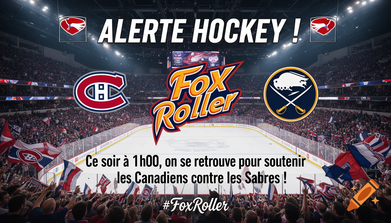 A crowded hockey arena with the logos of Montreal Canadiens, Buffalo Sabres, and Fox Roller, featuring text "ALERTE HOCKEY !" and game details.