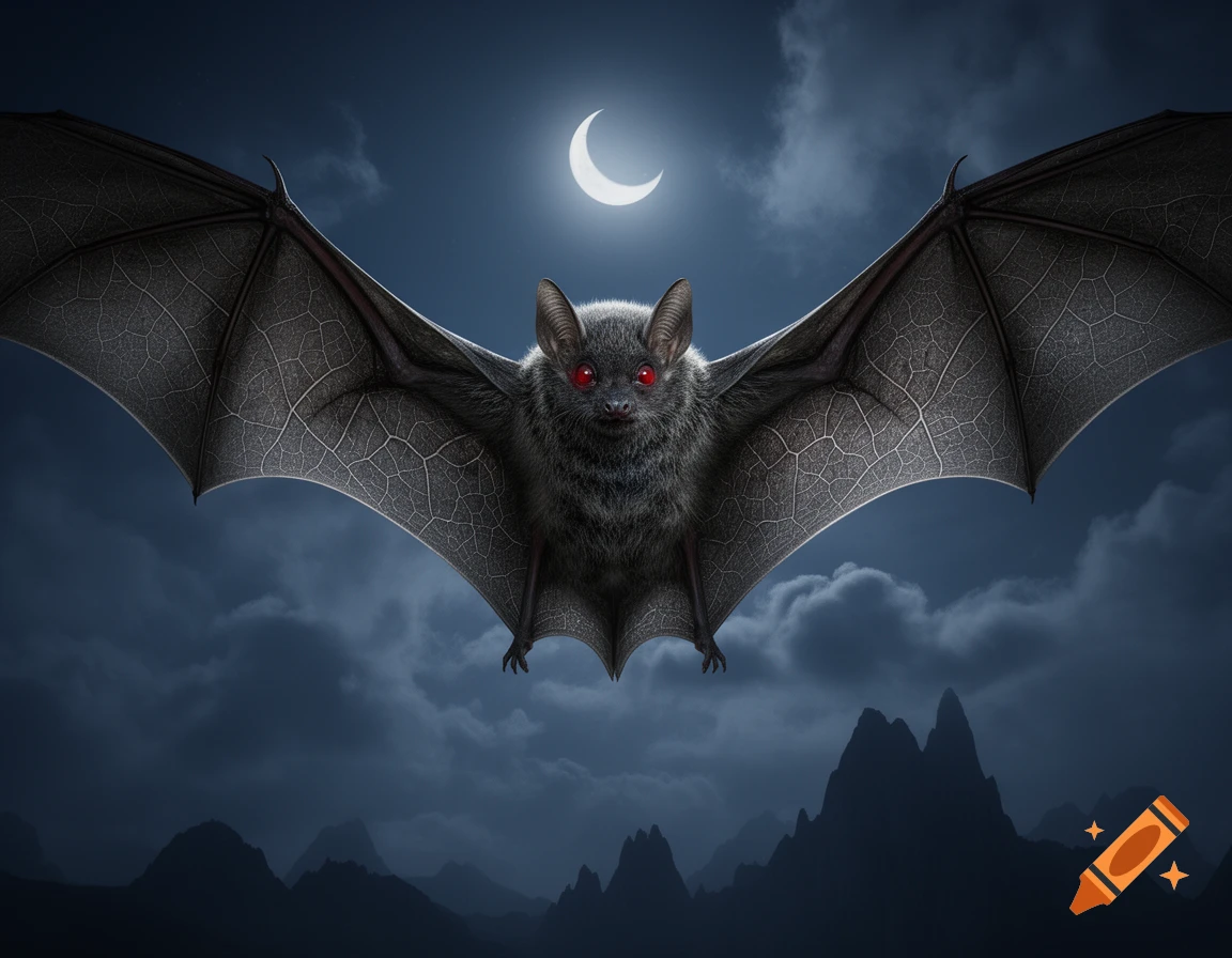 A large furry bat with glowing red eyes spreads its wings, flying under a bright crescent moon in a dark, cloudy night sky above shadowy mountains.