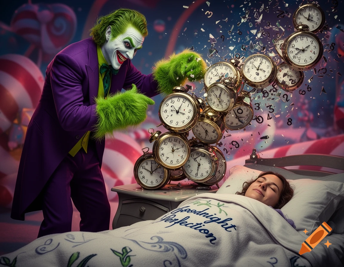 The Joker with green fur hands pushes a stack of alarm clocks toward a peacefully sleeping person under a blanket in a surreal, candy-striped room.