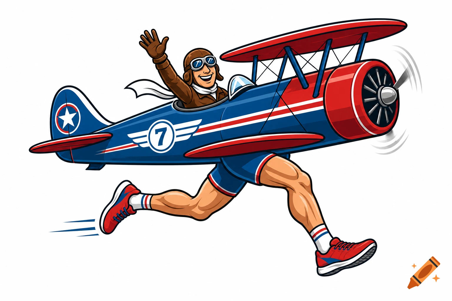 Cartoon biplane with human athlete legs running, a pilot waving from the cockpit, on a white background.