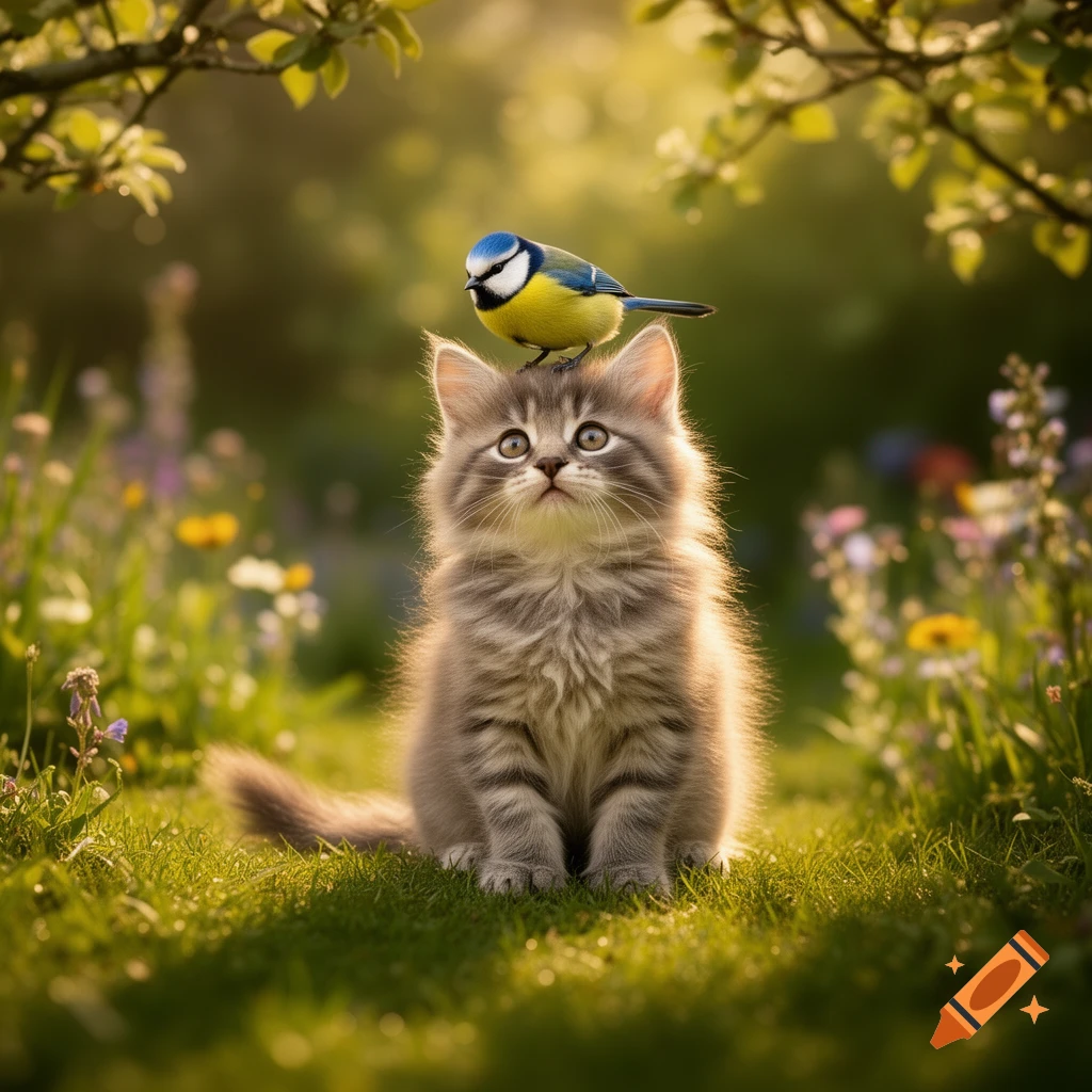 A fluffy gray kitten sits in a sunny grassy field with a blue and yellow bird perched on its head, both looking upwards.
