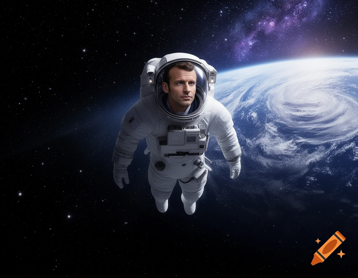 Photorealistic image of Emmanuel Macron in a white spacesuit floating in deep space with Earth and a galaxy behind him.