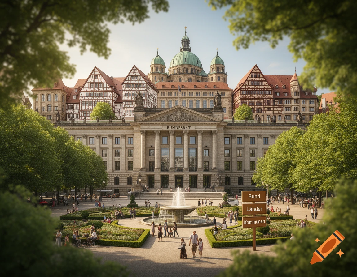 A grand, classical building with a green-domed roof and half-timbered structures framed by lush green trees. In the foreground, a bustling public square features a fountain, flowerbeds, and a brown wooden signpost displaying "Bund," "Länder," and "Kommunen."