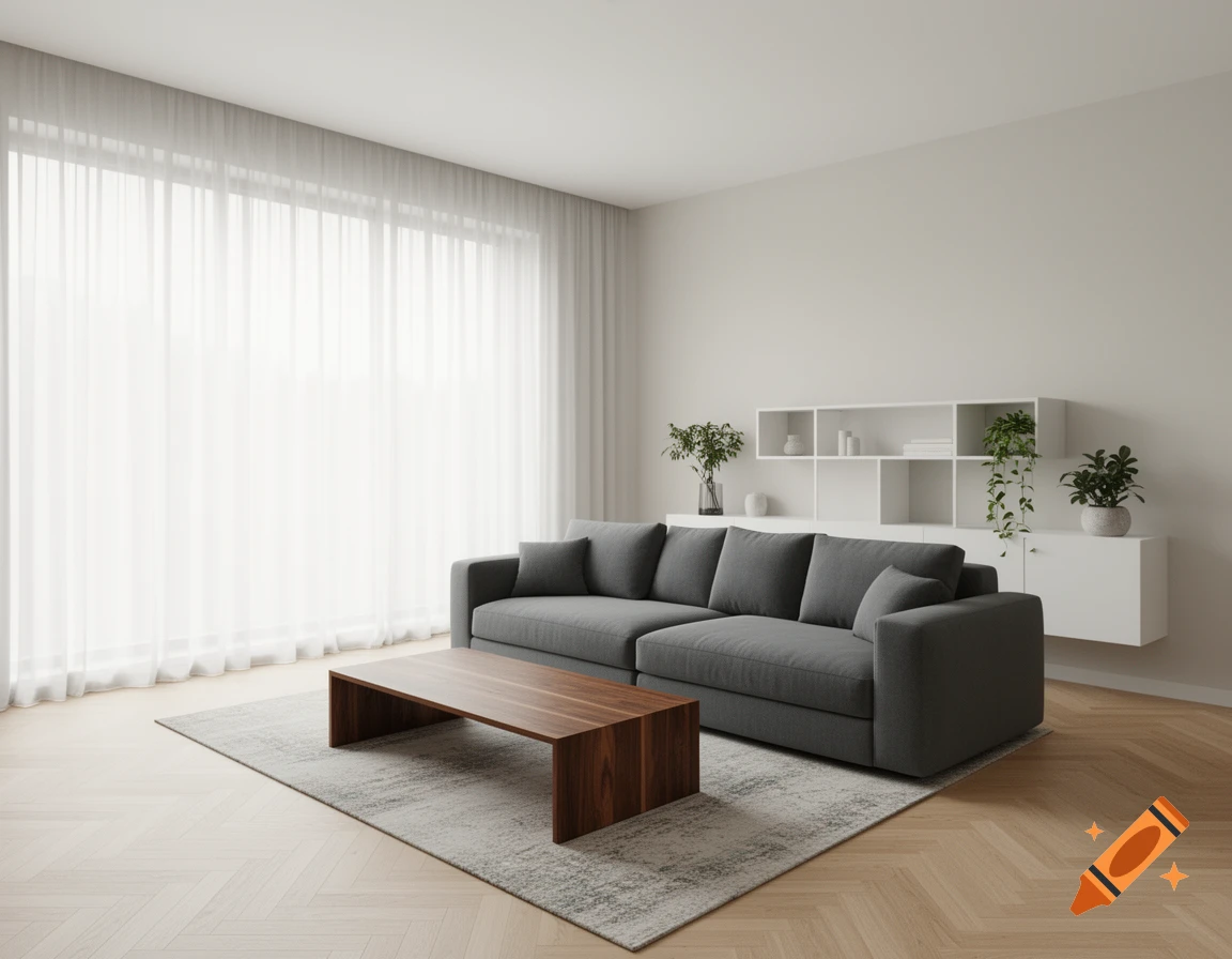 Modern living room with a gray sofa, wood coffee table, and large sheer curtains.