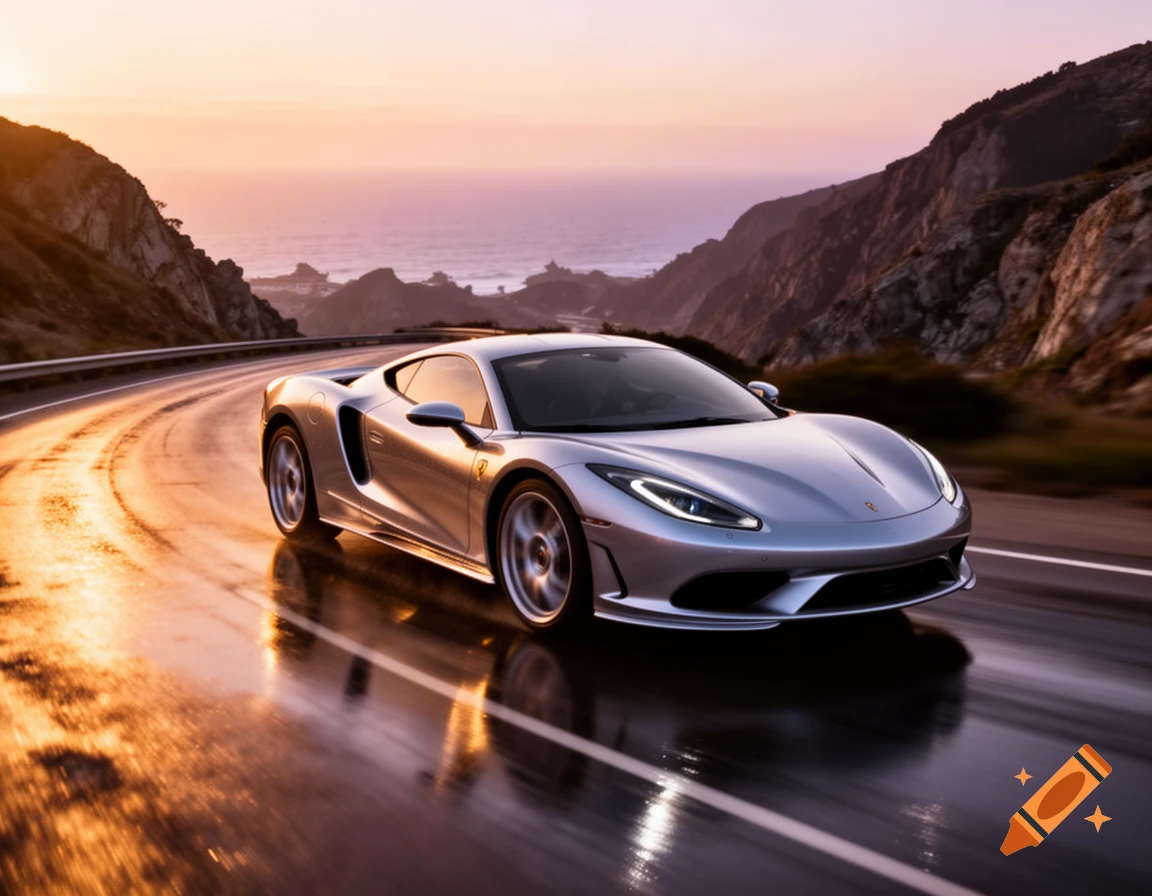 A silver sports car drives on a wet, winding coastal road at sunset ...