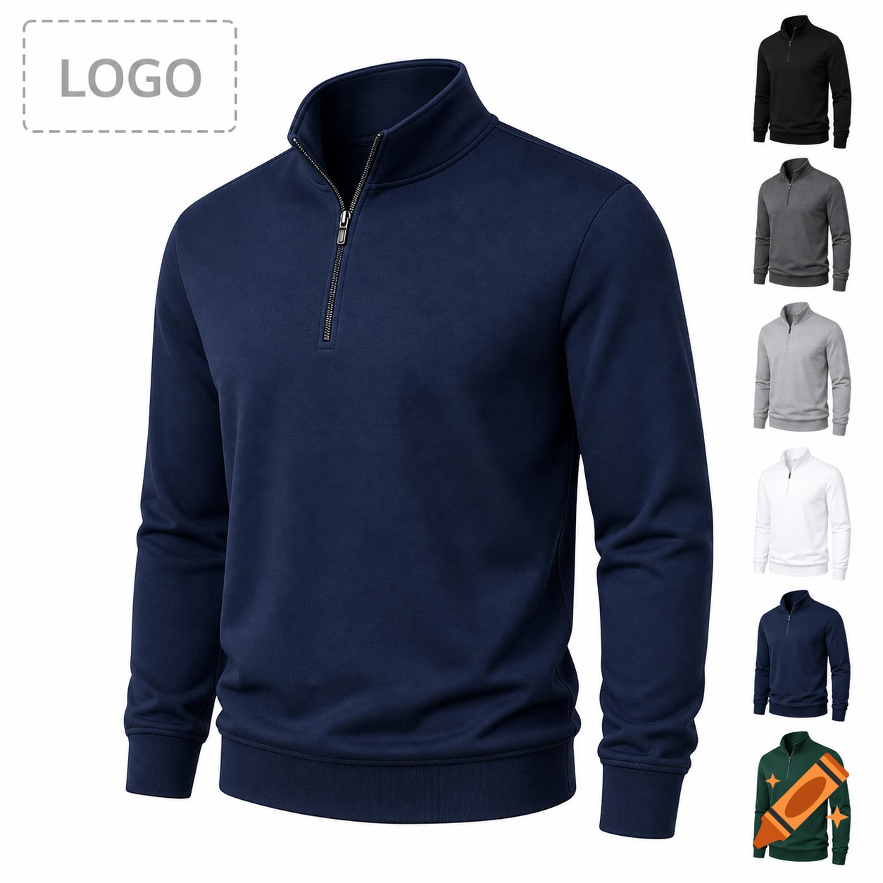 Navy blue quarter-zip sweatshirt with a 'LOGO' placeholder, displayed with smaller variations in black, grey, white, and green.