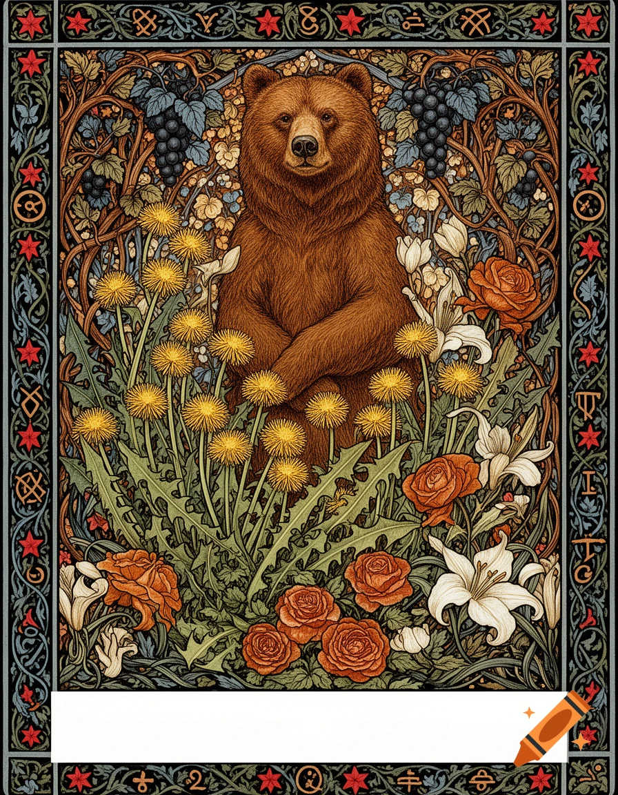 A brown bear stands among dandelions, roses, lilies, and grapevines within an ornate Art Nouveau border with mystic symbols.