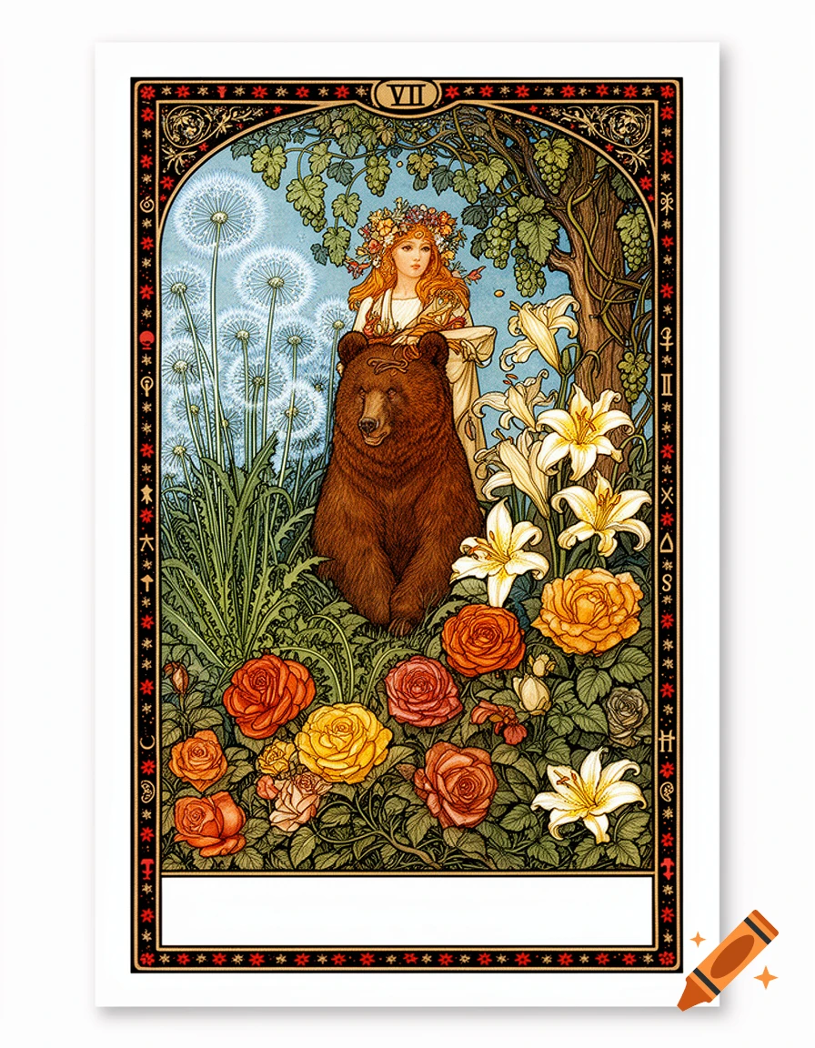 Stylized Art Nouveau tarot card illustration featuring a woman, a bear, lilies, roses, dandelions, and grapevines.