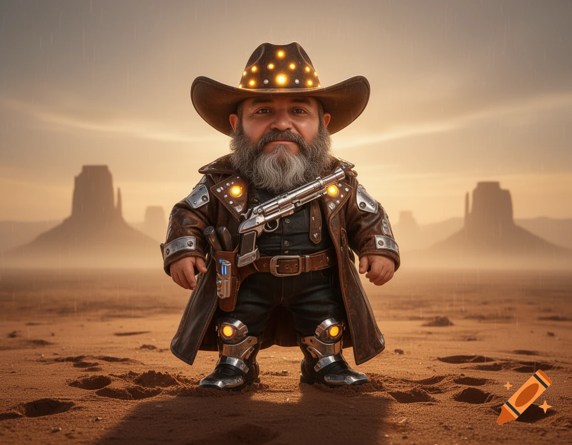 Bearded techno-cowboy dwarf with glowing tech details on hat and gear stands in a desert with mesas.