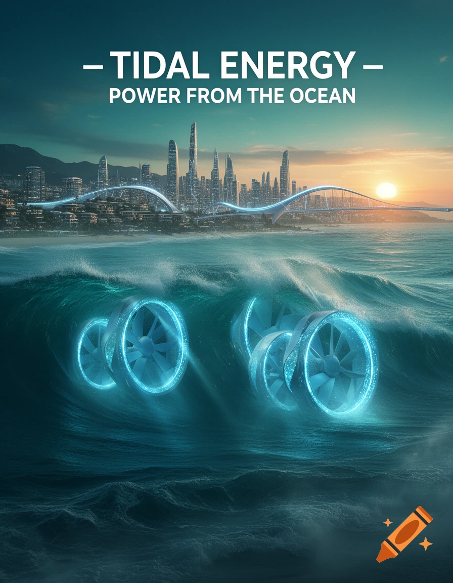 Cinematic sci-fi poster showing glowing blue tidal energy turbines in crashing ocean waves before a futuristic coastal city at sunset.