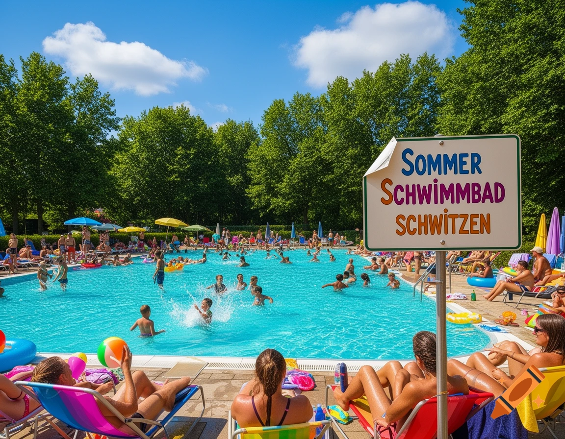 A vibrant, sunny outdoor swimming pool filled with people swimming and sunbathing, with a sign reading 'Sommer Schwimmbad Schwitzen'.